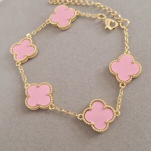 Pink Enamel Double Sided Five Clovers Bracelet